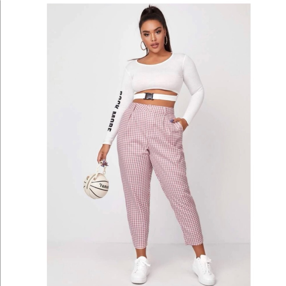 SHEIN Plus Pink and White Plaid Ginham Slant Pocket Pants Size 3XL